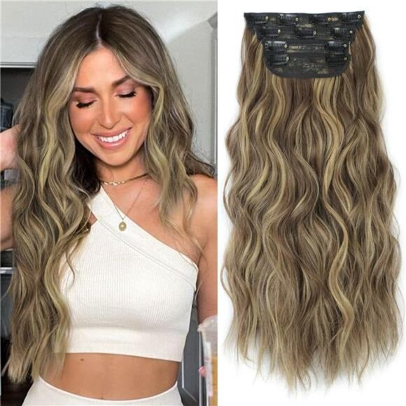 Clip in Long Wavy Synthetic Hair Extension 4PCS Thick Hairpieces Fiber